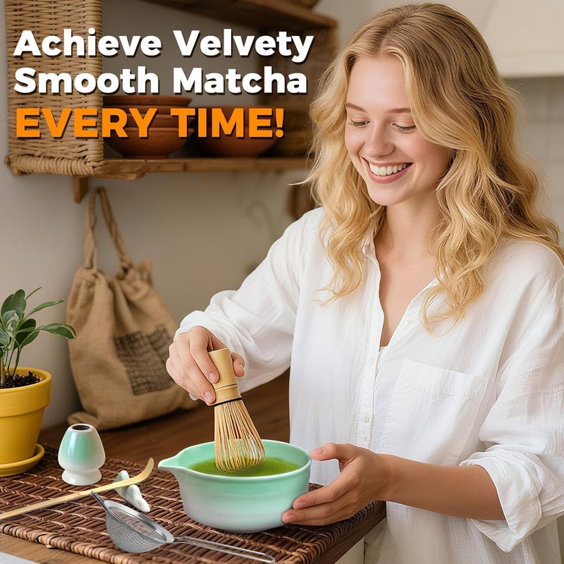 Evoio Matcha Set, 10 Pcs Japanese Matcha Whisk Set with Ceramic Bowl, Bamboo Whisk, Stainless Sifter, Scoop and Holder, Gift for Tea Lovers - Image 2
